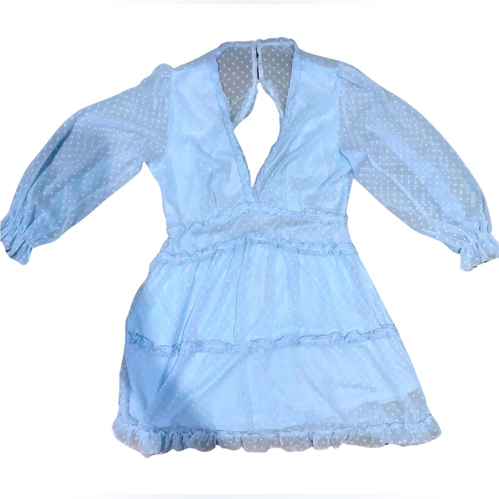 Women V Neck Long Sleeve Backless Ruffle Tiered Chiffon Mini Short